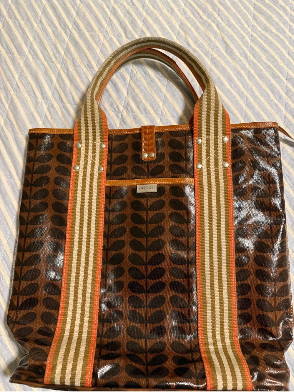 Orla Kiely Brown and Orange Leaf-Print coated Canvas Tote with Striped Handles - Picture 1 of 12